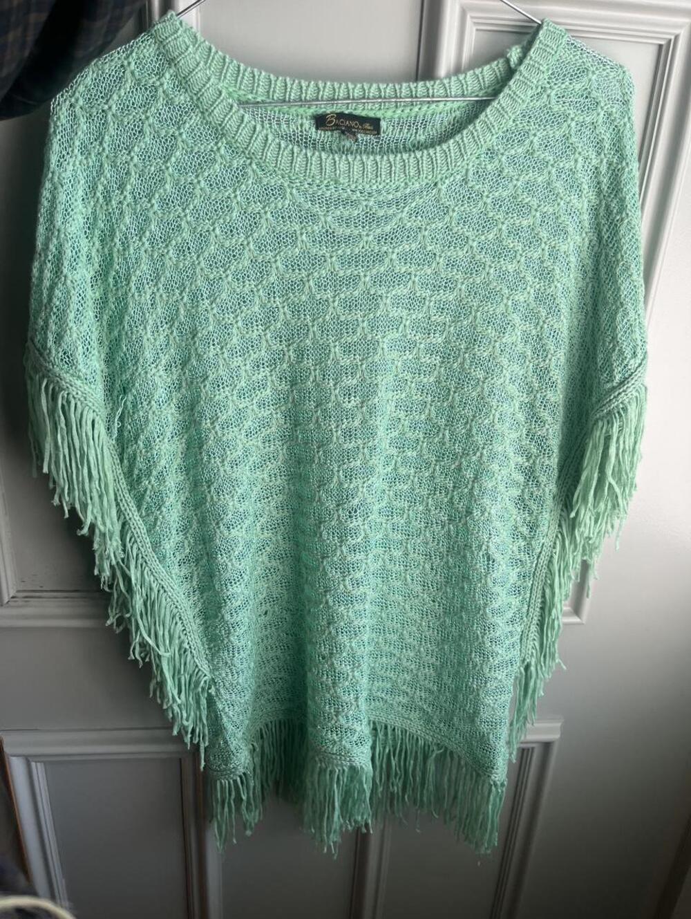 Baciano Mint Green Fringe Knit Poncho Top Size S